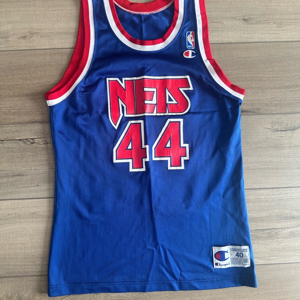 Champion Derrick Coleman Blue Nets #44 Basketball Jersey with red and white trim
